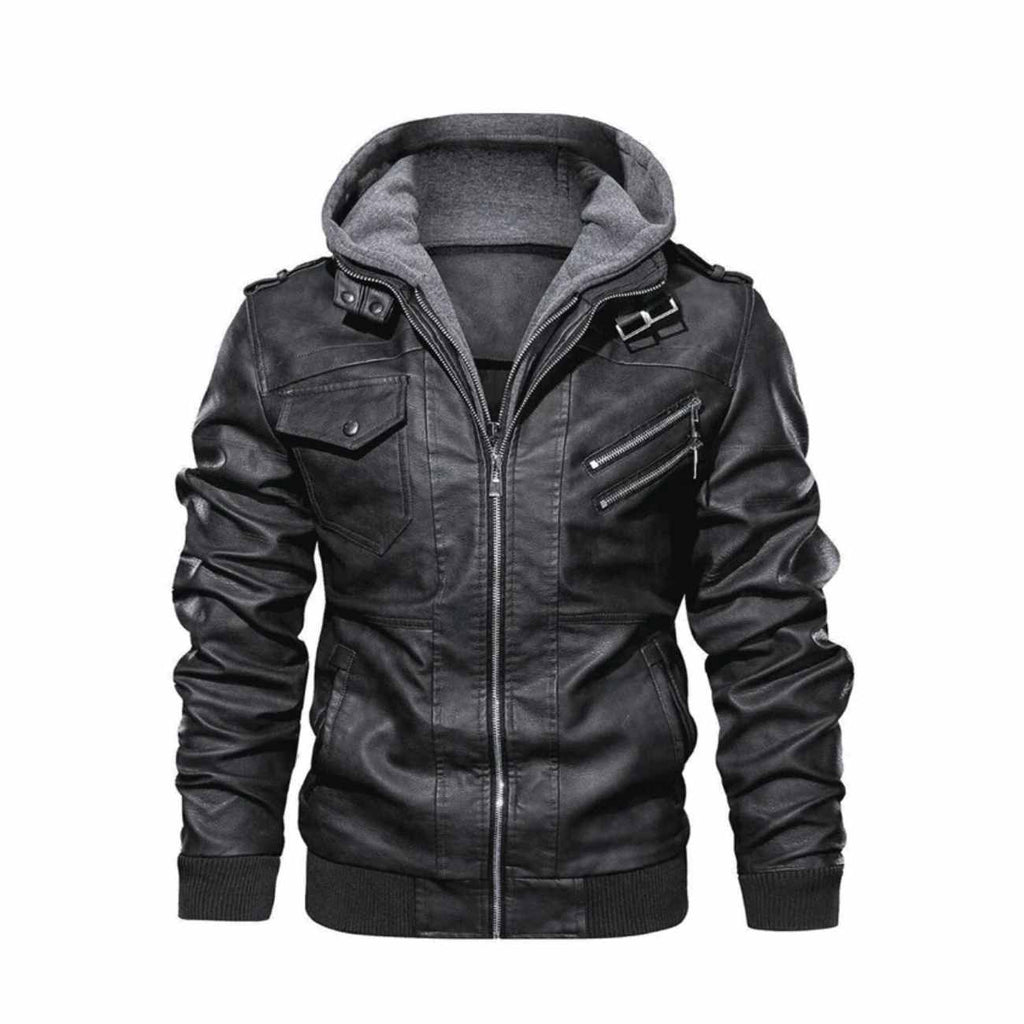 Distressed Hooded Black Bomber Leather Jacket