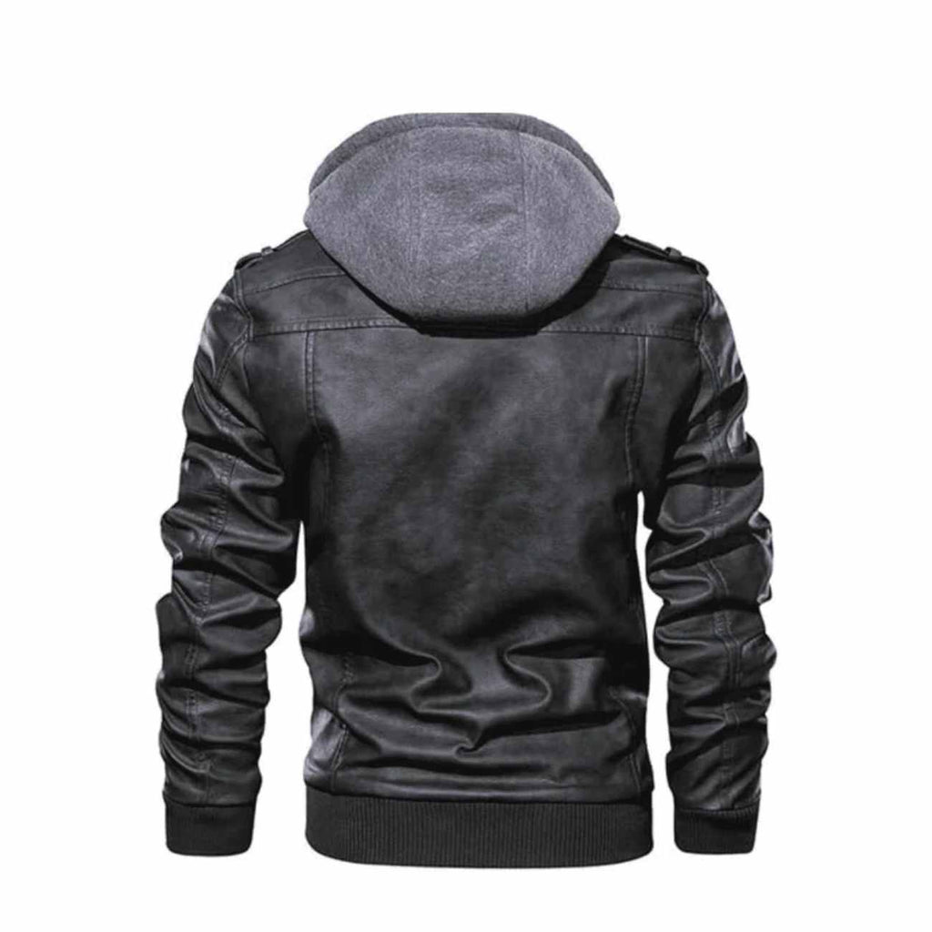 Distressed Hooded Black Bomber Leather Jacket