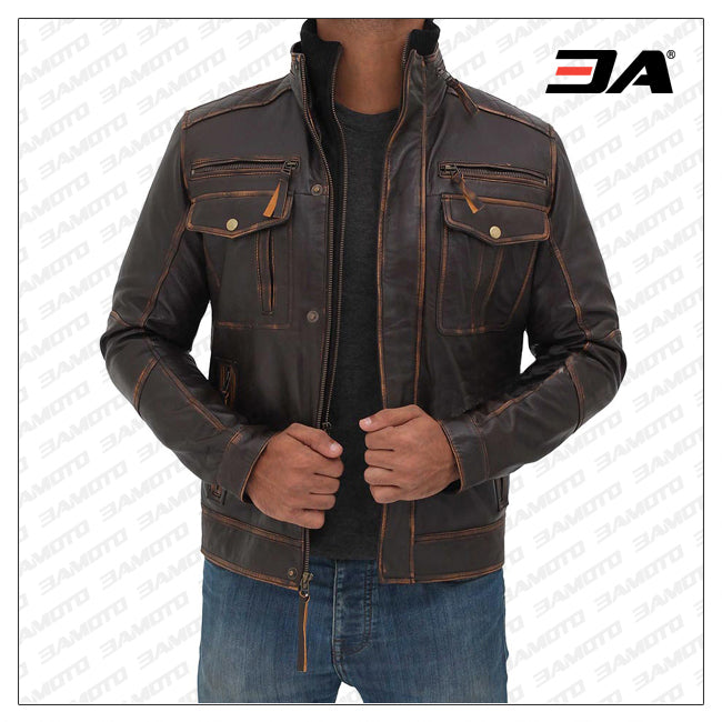 Moffit Dark Brown Genuine Leather Motorcycle Style Jacket