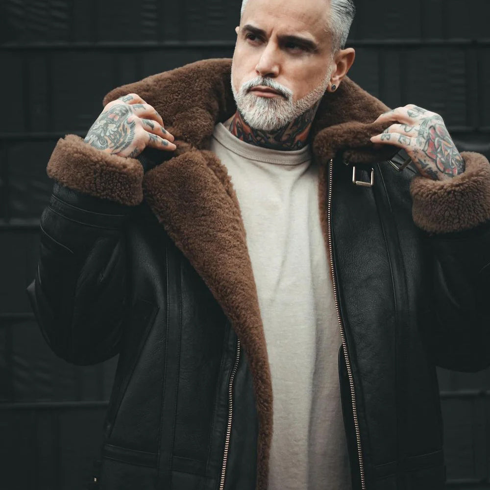Double Collar Sheepskin Leather Aviator B3 Bomber Jacket