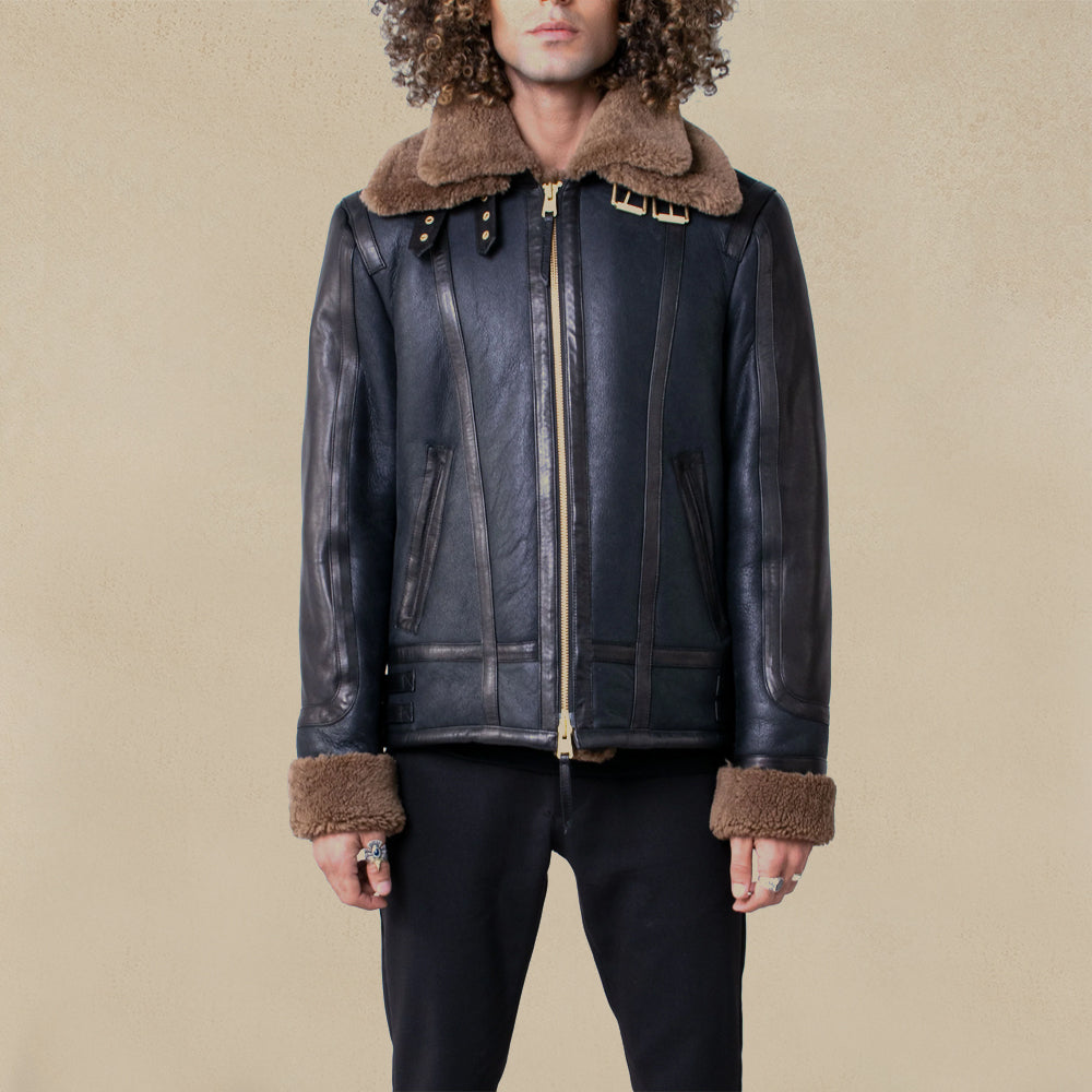 Double Collar Sheepskin Leather Aviator B3 Bomber Jacket