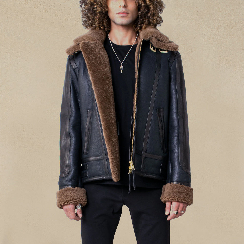 Double Collar Sheepskin Leather Aviator B3 Bomber Jacket