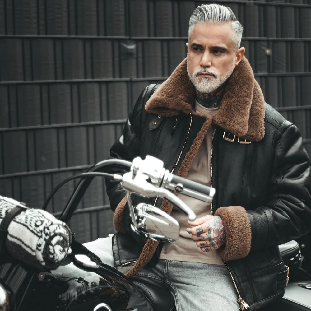 Double Collar Sheepskin Leather Aviator B3 Bomber Jacket
