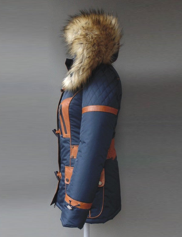 Down Jacket In Blue Fabric And Sheepskin Leather