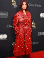 Dua Lipa 2024 Pre-Grammy Party Red Leather Trench Coat