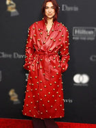 Dua Lipa 2024 Pre-Grammy Party Red Leather Trench Coat
