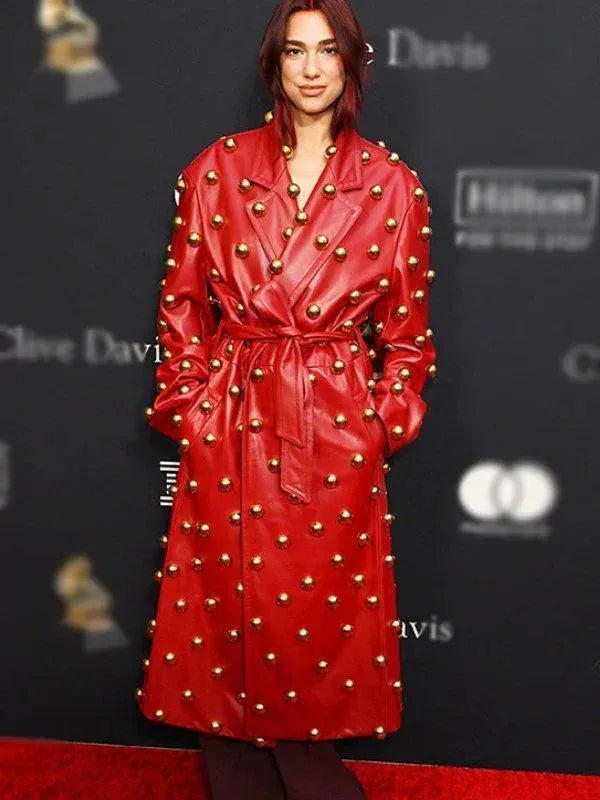 Dua Lipa 2024 Pre-Grammy Party Red Leather Trench Coat