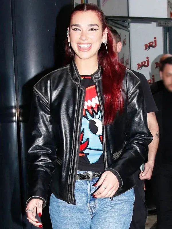 NRJ Radio Studio Dua Lipa Black Leather Jacket