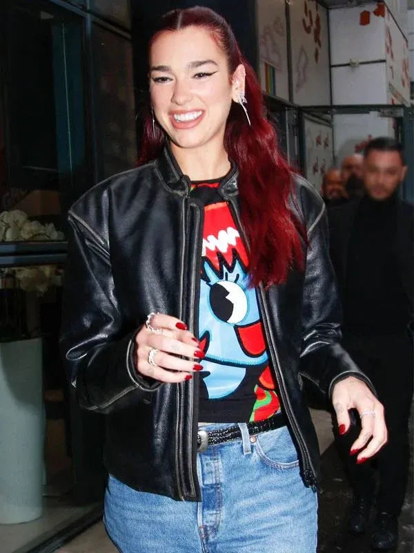 NRJ Radio Studio Dua Lipa Black Leather Jacket
