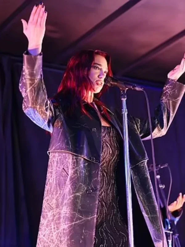 Dua Lipa Surprise Pop-Up Distressed Black Leather Coat