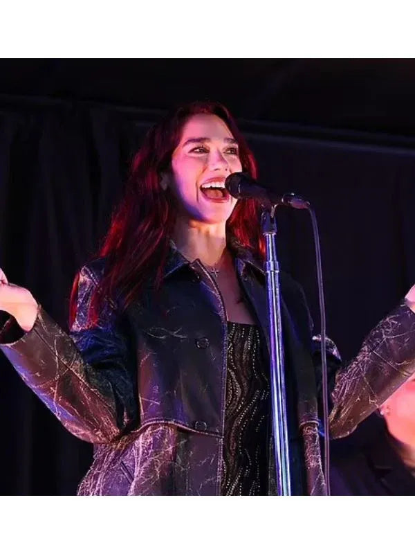 Dua Lipa Surprise Pop-Up Distressed Black Leather Coat