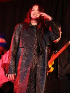 Dua Lipa Surprise Pop-Up Distressed Black Leather Coat