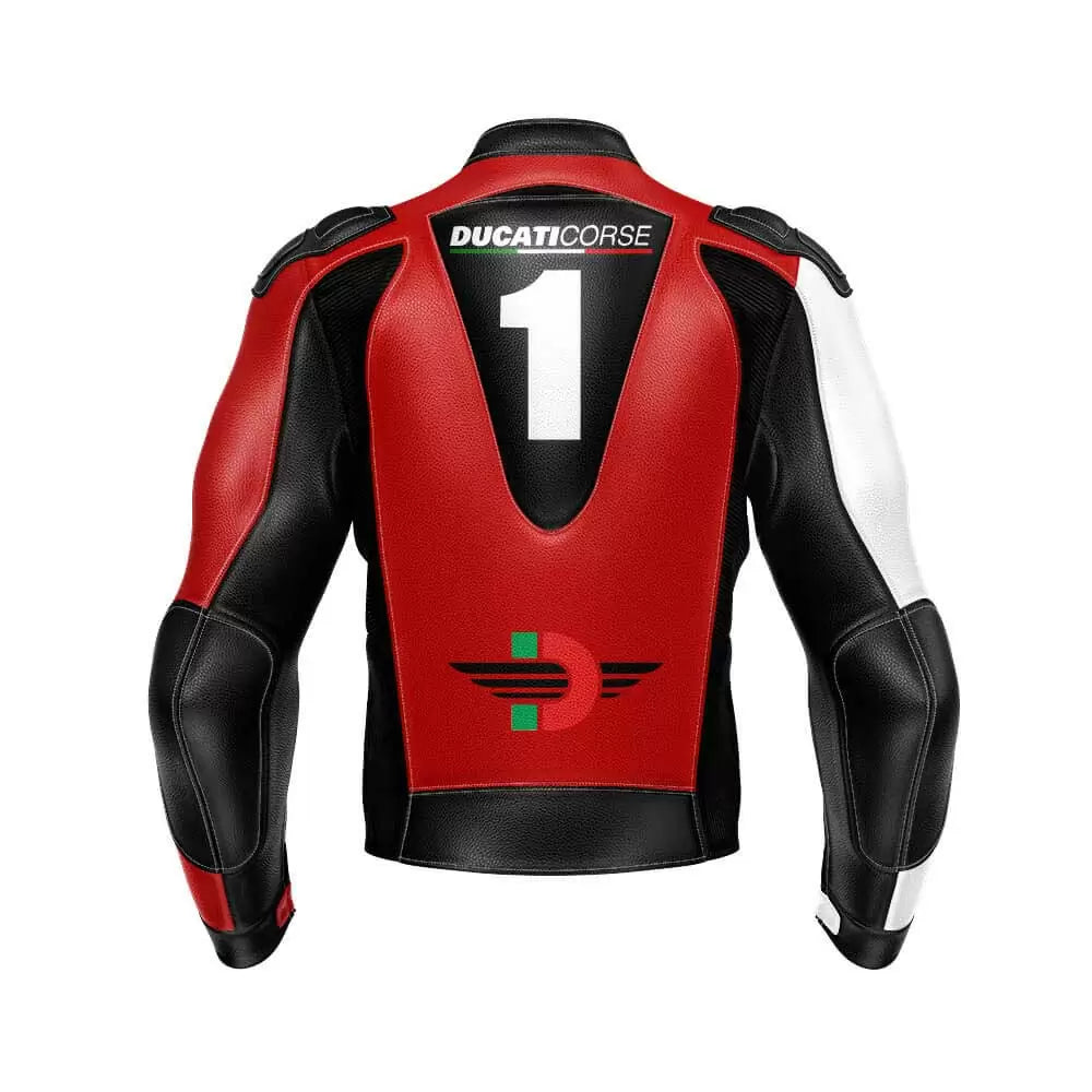 DUCATI CORSE MOTORCYCLE BLACK AND WHITE LEATHER RACING JACKET