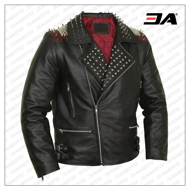 Edgy Black Leather Biker Jacket With Red Quilted Lining