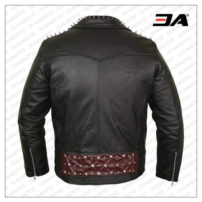 Edgy Black Leather Biker Jacket With Red Quilted Lining
