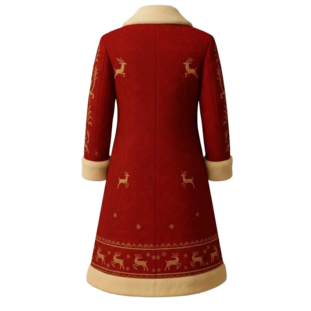 Elegant Red Christmas Coat with Gold Reindeer Design