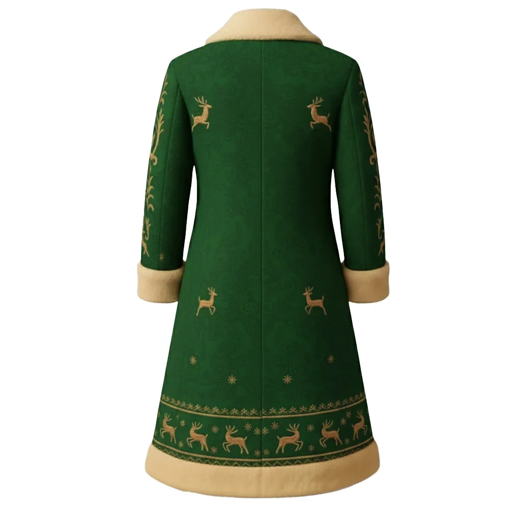 Elegant Red Christmas Coat with Gold Reindeer Design