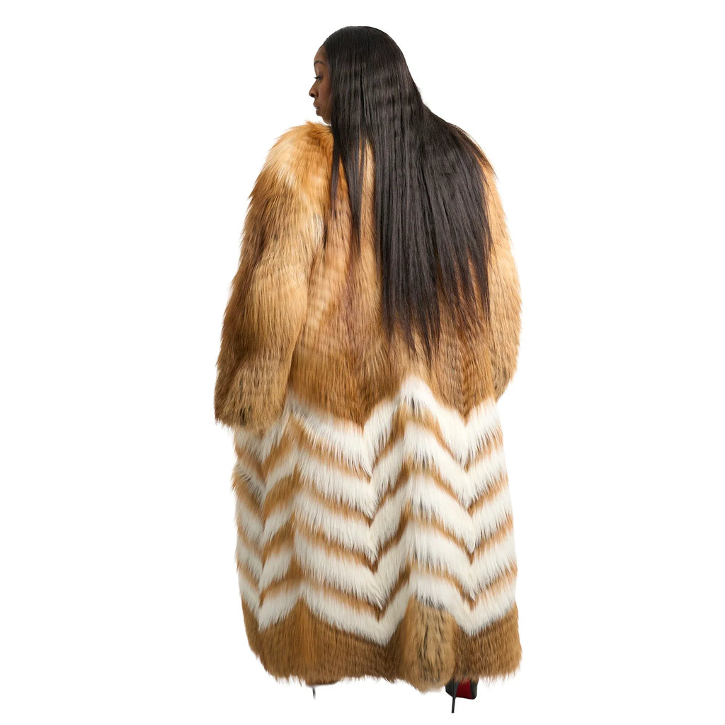 Chevron Red Fox Fur Long Coat