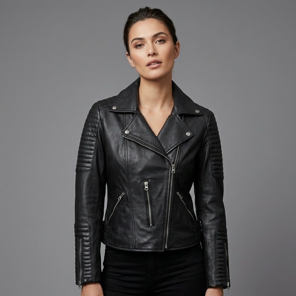 Women's Black Ribbed Sleeve Leather Biker Jacket