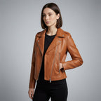 Women's Cognac Leather Biker Jacket