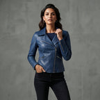 Women's Steel Blue Leather Biker Jacket
