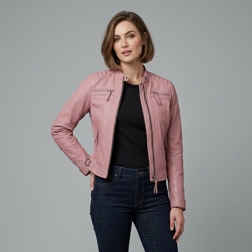 Women's Pink Cafe Racer Leather Jacket