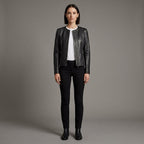 Women's Black Collarless Leather Jacket