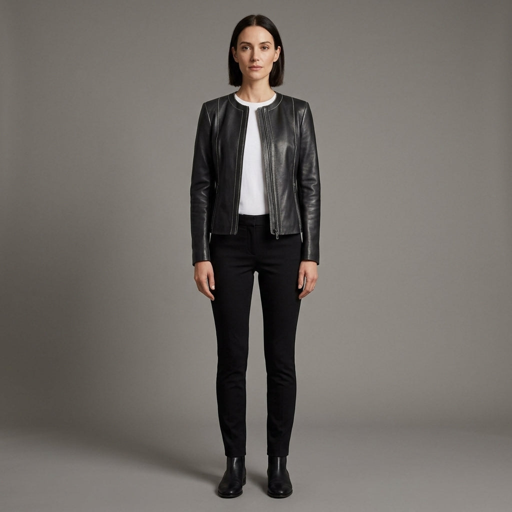 Women's Black Collarless Leather Jacket