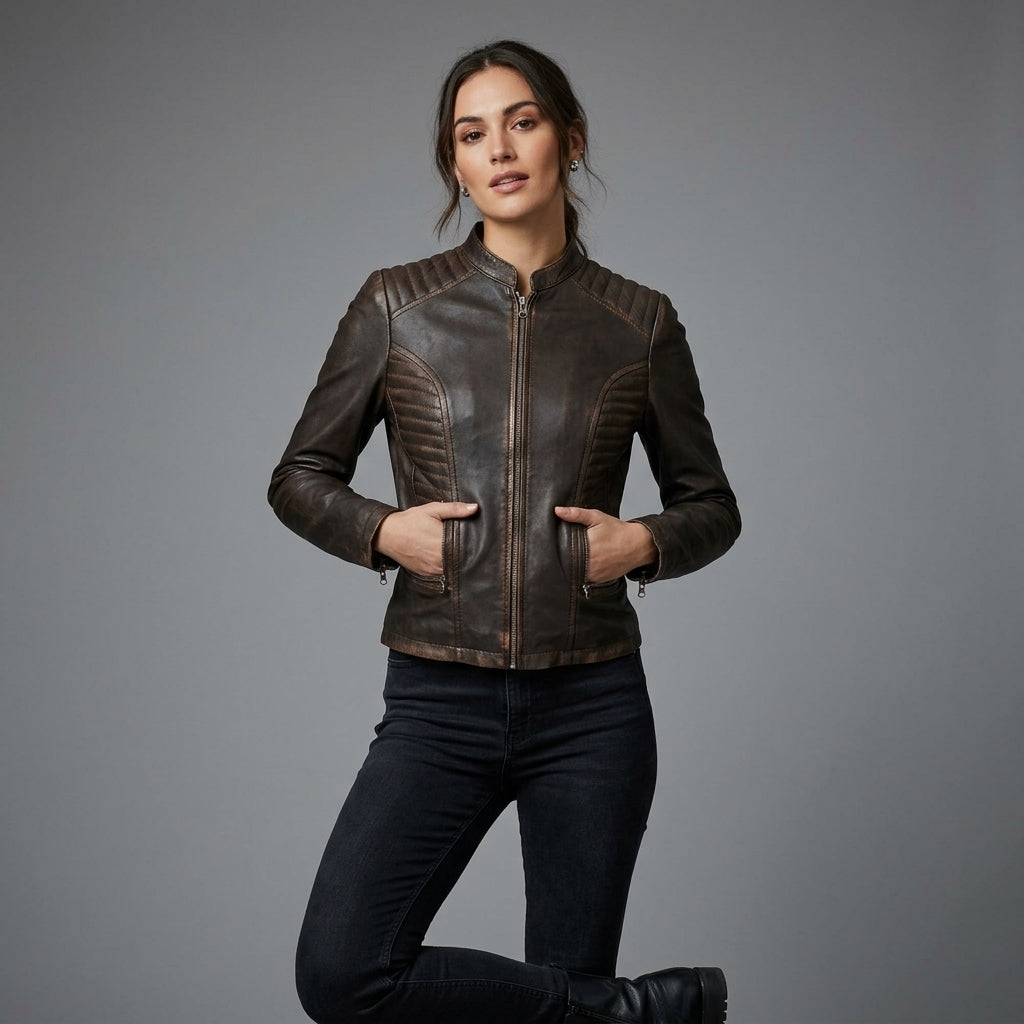 Women's Dark Brown Vintage Racer Leather Jacket