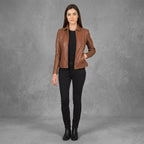 Women's Tan Leather Racer Jacket