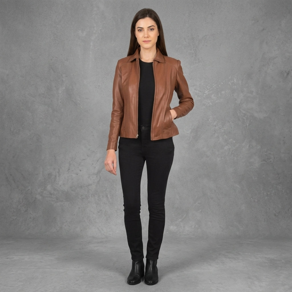 Women's Tan Leather Racer Jacket