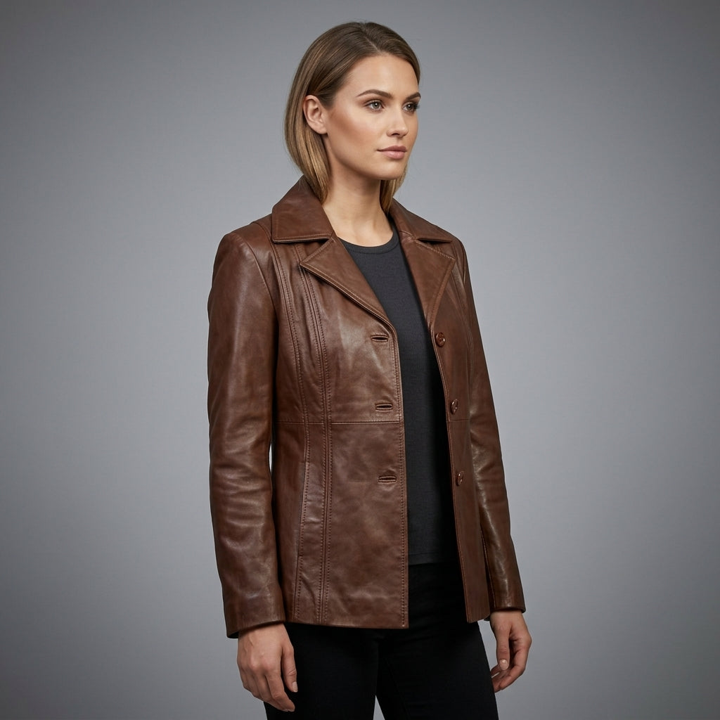 Women's Dark Brown Leather Blazer Coat