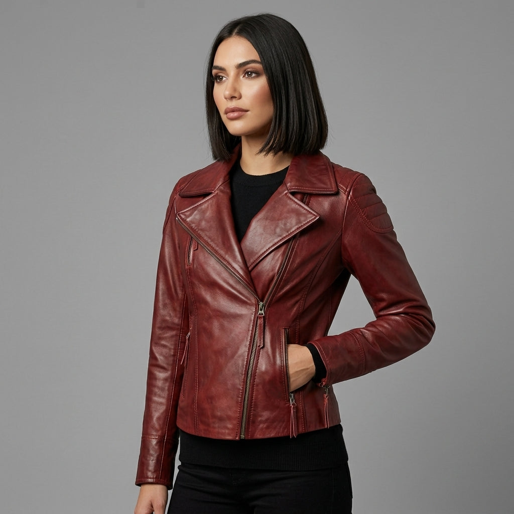 Women's Burgundy Leather Biker Jacket
