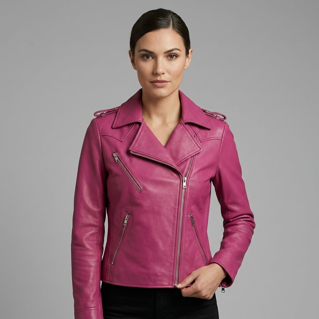 Women's Fuchsia Pink Leather Biker Jacket