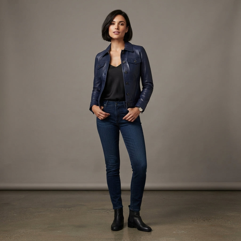 Women's Midnight Blue Cropped Leather Jacket