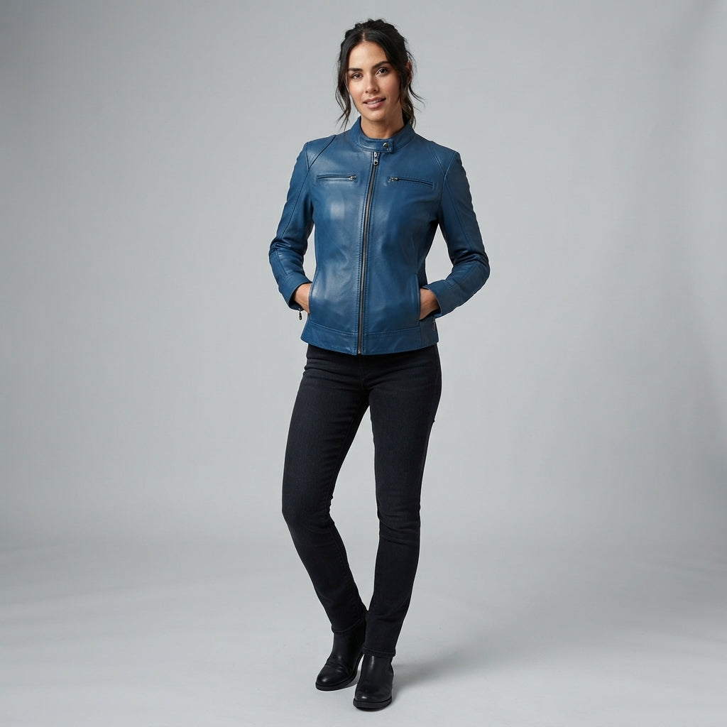 Women's Vintage Blue Leather Racer Jacket