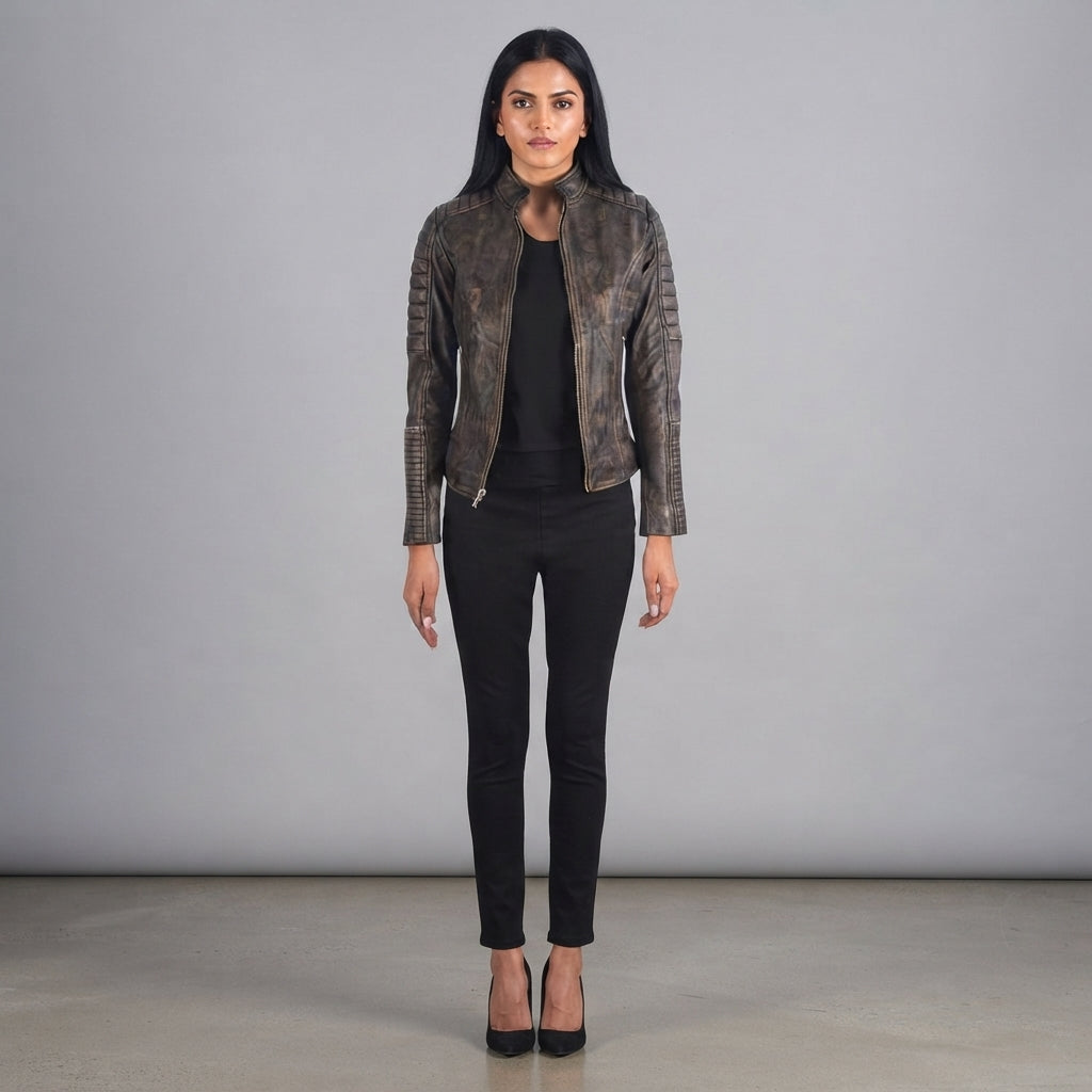 Women's Dark Brown Rub-off Cafe Racer Jacket