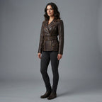 Women's Dark Brown Rub-off Belted Leather Jacket