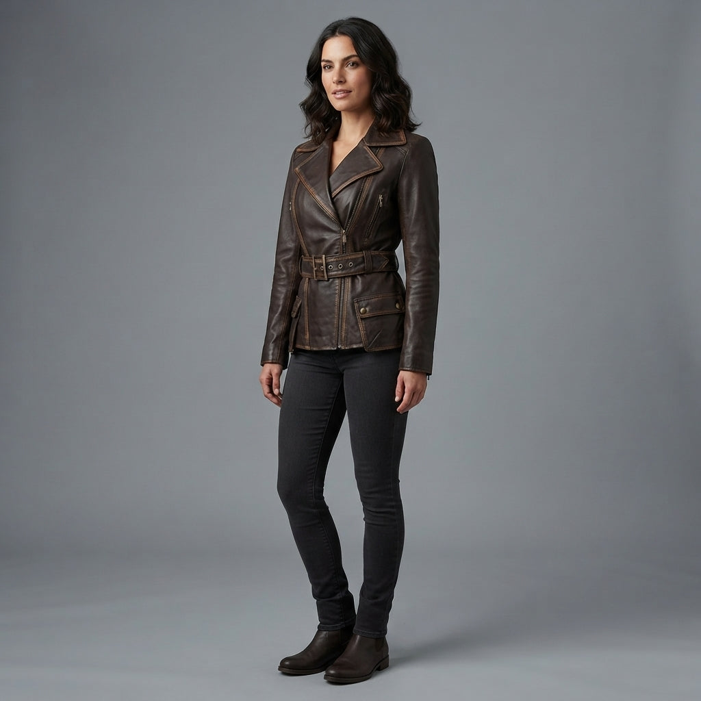 Women's Dark Brown Rub-off Belted Leather Jacket