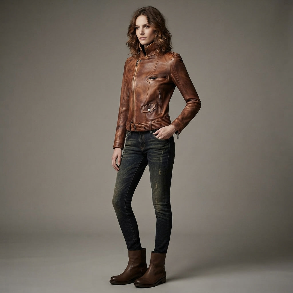 Women's Tan Distressed Leather Racer Jacket