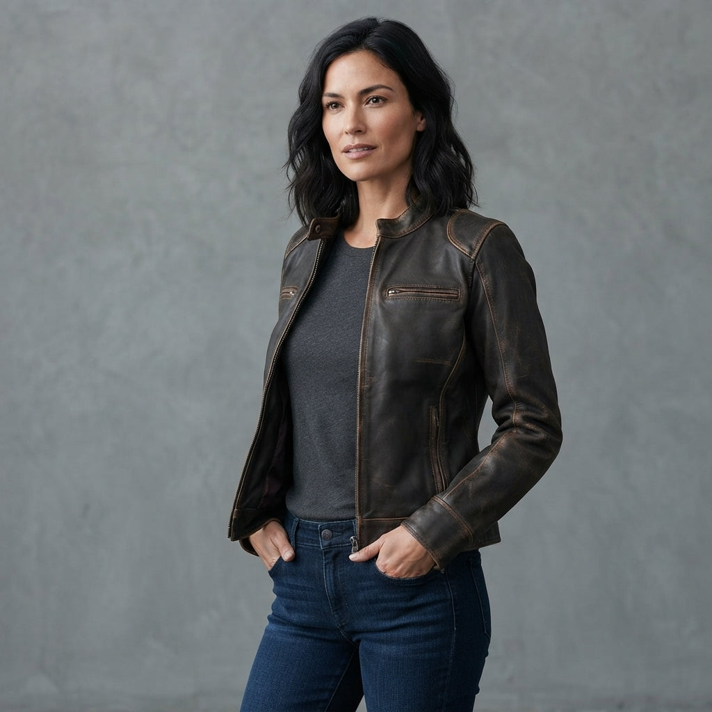 Women's Dark Brown Distressed Leather Jacket