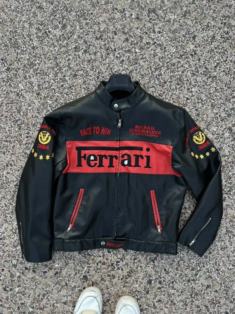 Ferrari Racing Black Motorcycle Cowhide Leather Biker Jacket