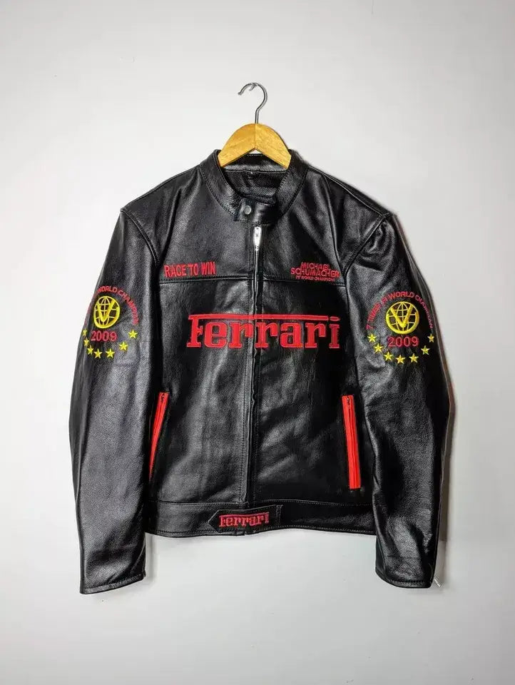 Ferrari Race Clothing Streetwear Biker Cowhide Leather Jacket