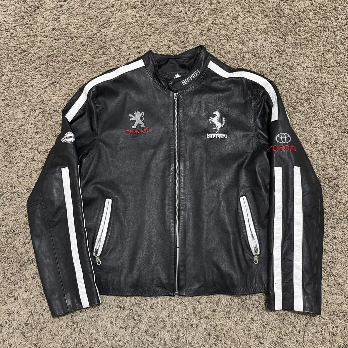 Ferrari Racing Black Motorcycle Riding Gear Cowhide Leather Biker Jacket