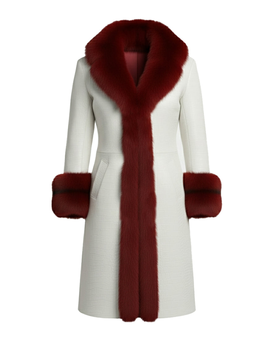 Christmas Inspired White Coat with Red Faux Fur Crocodile Texture