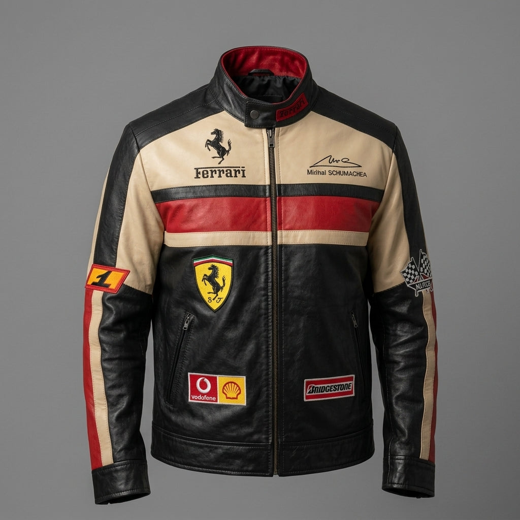 Men’s Black Leather Moto Jacket – Orange & Grey Accent Racing Style