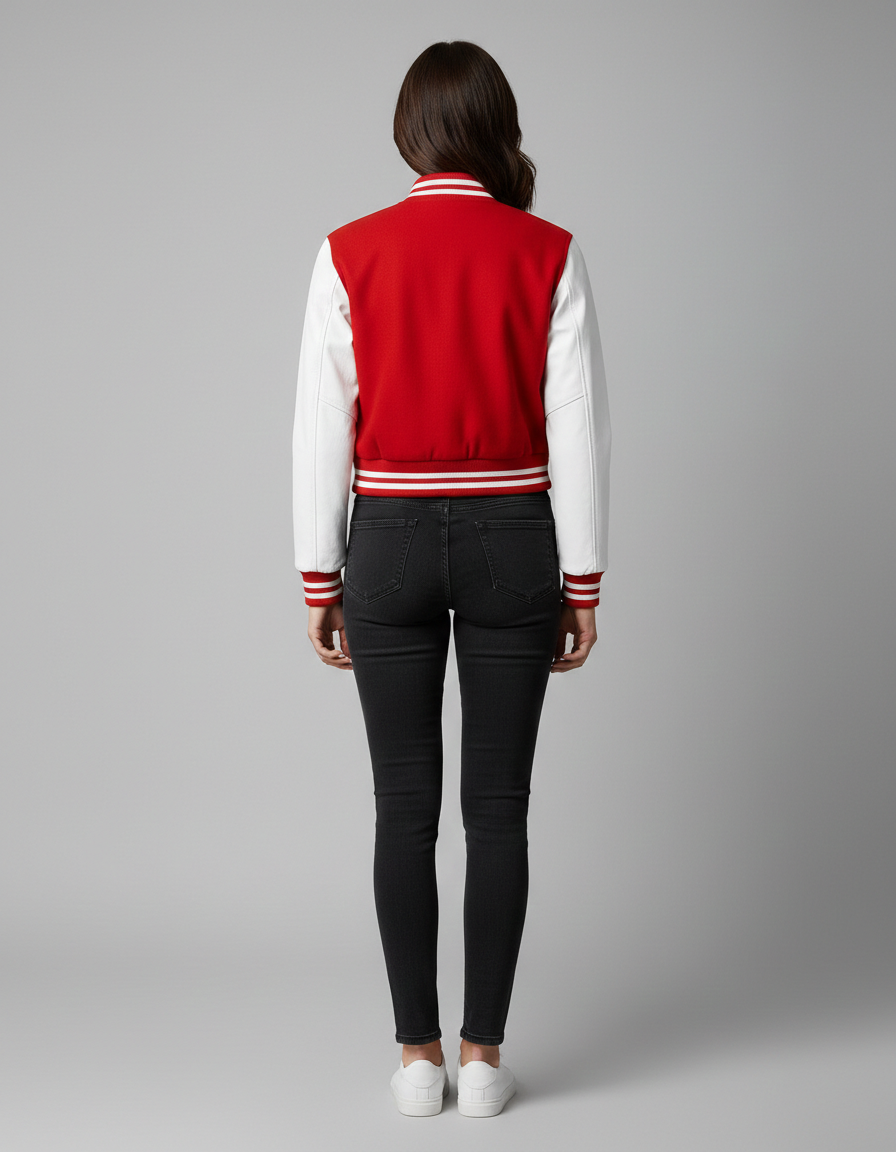 Women’s Red & White Varsity Jacket – Button Closure Ribbed Trim Bomber