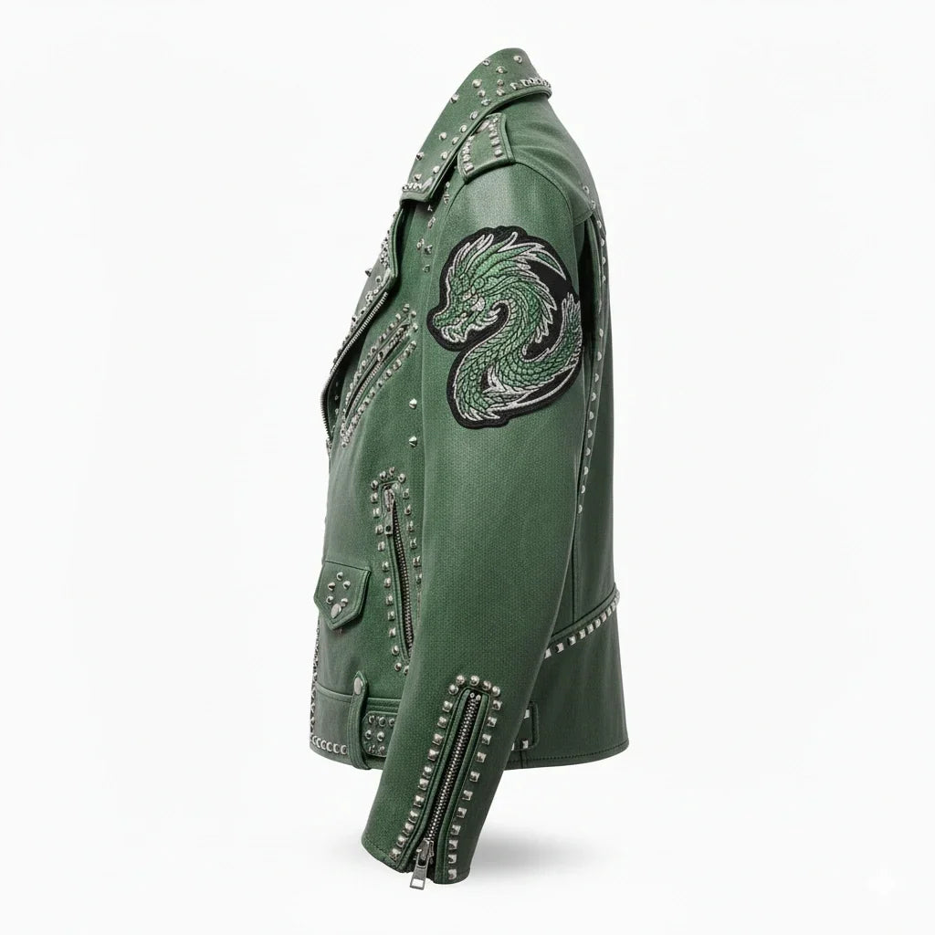 Green Punk-Style Studded Jacket with Dragon Patchwork