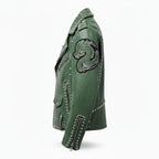 Green Punk-Style Studded Jacket with Dragon Patchwork