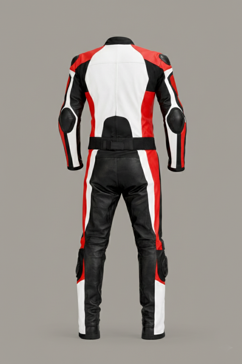 Men’s Red White Black Two-Piece Motorcycle Leather Suit
